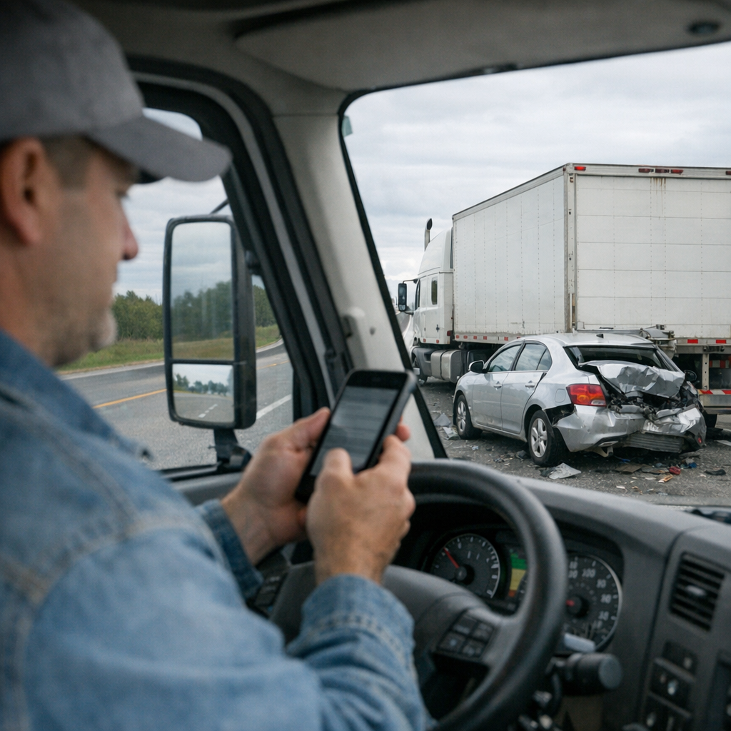 truck driver phone accident illustration for How driver distraction from mobile devices causes crashes