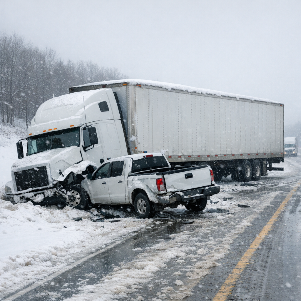 snow truck accident illustration for Why snow and ice cause truck accidents